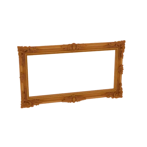 A 3D model of an ornate, golden baroque-style rectangular picture frame with intricate carvings and floral motifs, presented