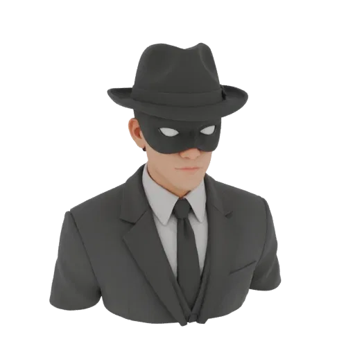 Modello 3D uomo con cappello nero e maschera con occhi bianchi, vestito in completo grigio