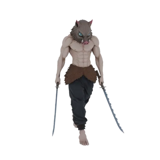 3D model of Inosuke Hashibira from Demon Slayer, wearing a boar mask and holding two swords, posed dynamically.