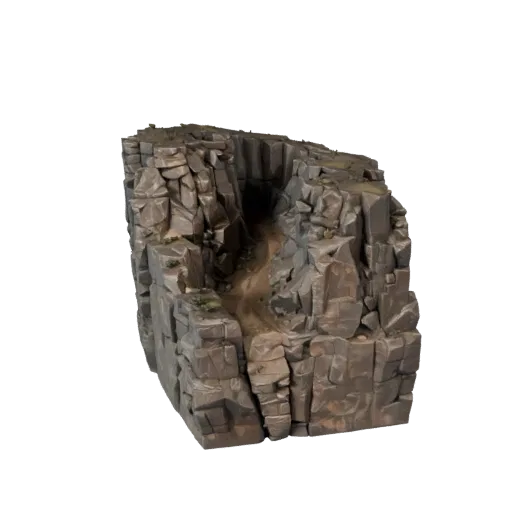 Rocky Canyon Pass Realistic 3D model, three-quarter environment render, showing layered soil, dune ridges.