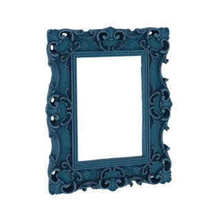 Un rendering 3D dettagliato di una cornice barocca con intagli intricati in colore blu petrolio, su sfondo bianco.