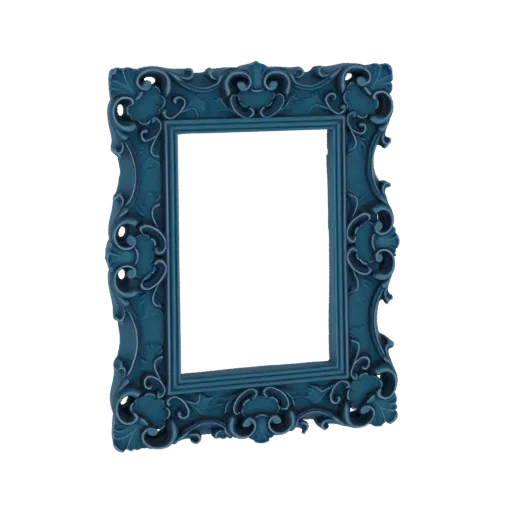A detailed 3D render of an ornate baroque picture frame with intricate scrollwork in a deep teal color, set against a white background.