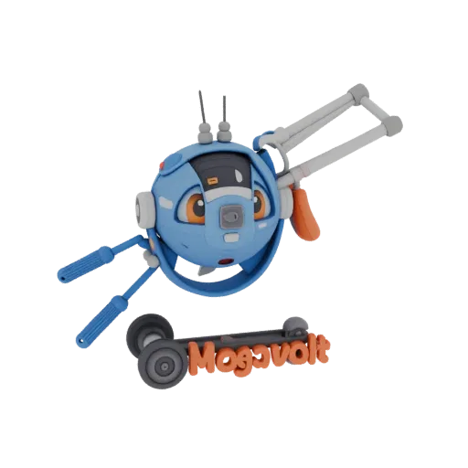 Modelo 3D do robô Megavolt, um personagem azul cartoon com detalhes laranja, segurando uma scooter miniatura.
