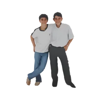 Modelo 3D de dos adolescentes sonriendo, uno con un brazo alrededor del otro, ambos con ropa casual.