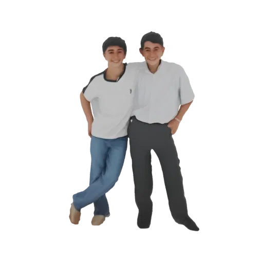 Modelo 3D de dos adolescentes sonriendo, uno con un brazo alrededor del otro, ambos con ropa casual.