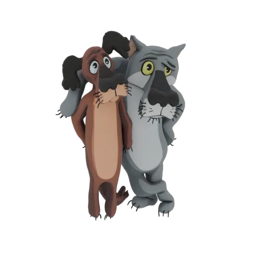 3D model of a worried brown dog being hugged by a grumpy grey wolf, both with cartoonish features and expressive faces.