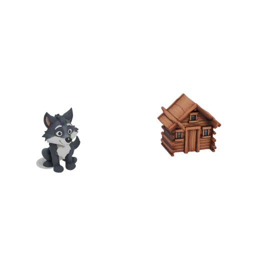 A 3D render of a cute, cartoon-style wolf sitting next to a detailed, rustic log cabin.