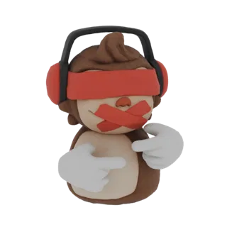 3D model of a brown monkey wearing red headphones and a red blindfold, with red tape over its mouth and white gloves.