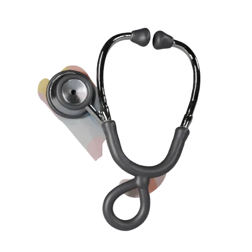 Emergency Stethoscope Stylized 3D model, stylized isometric render, showing stainless steel, handheld tool scale.