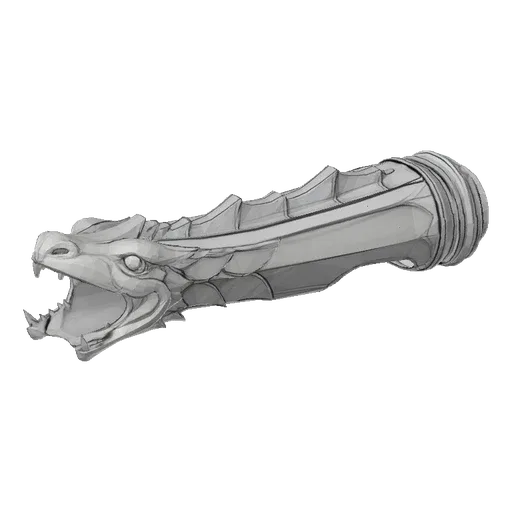 3D model of a stylized serpent head with an open mouth, detailed scales, and sharp fangs, set against a neutral, textured bac