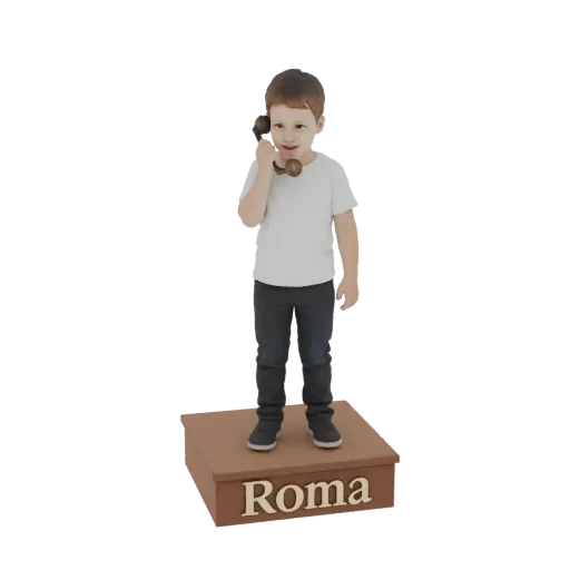 3D model of a young boy in a white t-shirt and dark jeans holding a vintage rotary phone to his ear, standing on a base label