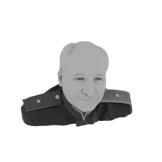 3D-Modellbüste eines sowjetischen Militärführers in Uniform mit Epauletten und Sternen, in Graustufen gerendert.