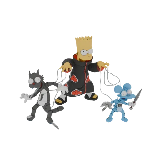 3D model of Bart Simpson in an Akatsuki robe, holding strings to control Itchy and Scratchy puppets.