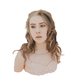 3D-Modell-Render einer eleganten Frauenbüste in einem rosa Kleid mit Spitzendetails, das Haar in weichen Wellen gestylt.