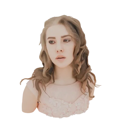3D model render of an elegant woman's bust wearing a pink dress with lace details, her hair styled in soft waves.