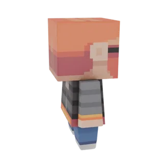 Ein 3D-Rendering eines pixeligen Charakters mit orangen Haaren, grauer Jacke und blauen Hosen, von der Seite betrachtet.