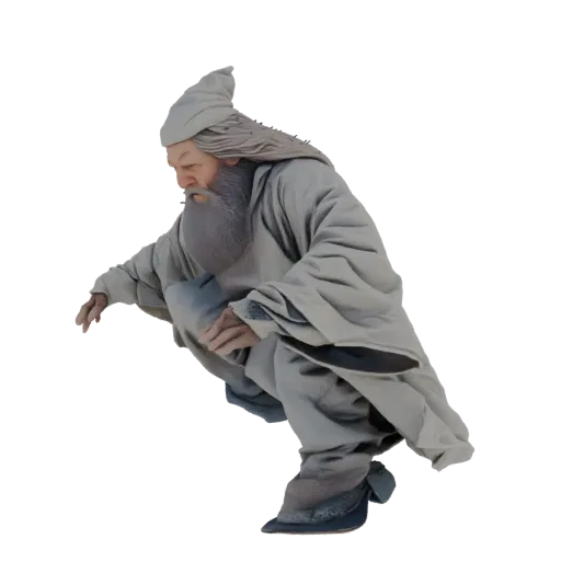 3D model of a mystical old man with a long grey beard and flowing robes, crouching with one hand extended.