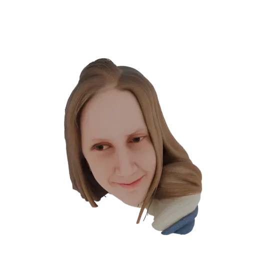 Modèle 3D de tête de femme générée par IA avec des cheveux blonds et un léger sourire, regardant légèrement vers le bas.