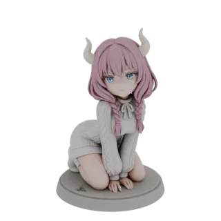 Modelo 3D de una chica anime con trenzas rosas, cuernos y un suéter blanco tejido, arrodillada sobre una base gris.