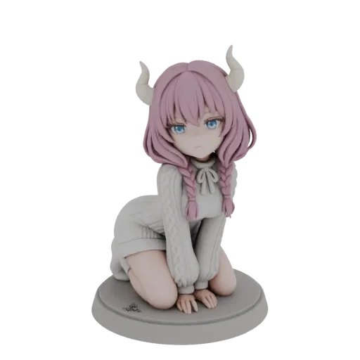 3D model of an anime girl with pink braids, horns, and a white knitted sweater, kneeling on a gray base.