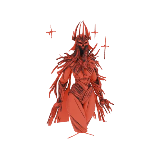 3D model of a crimson Eldritch Queen with a skull mask, thorny crown, and flowing tendrils, set against a white background.