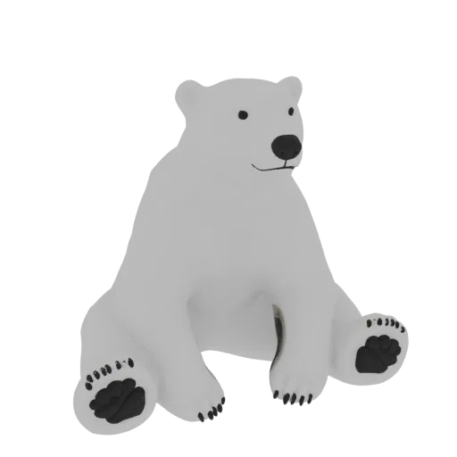 3D model of a white polar bear sitting down with black paws and a friendly expression.