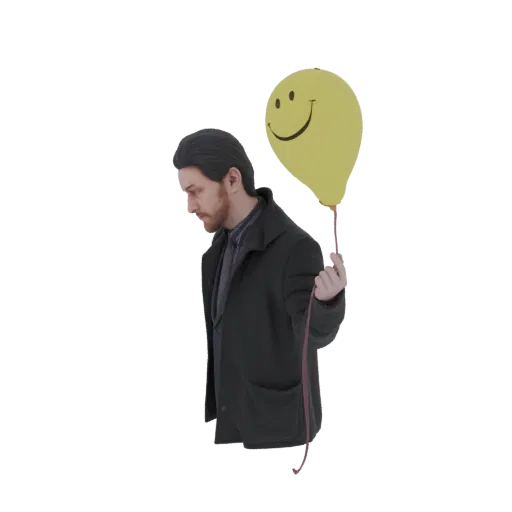 3D model of a man in a dark coat, looking down and holding a yellow balloon with a smiley face.