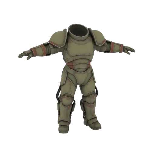 3D model of a worn military power armor, featuring green plating with brown accents and visible battle damage.