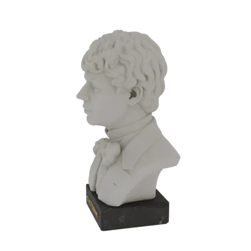 3D model bust of Wolfgang Amadeus Mozart, shown in profile view on a dark base.