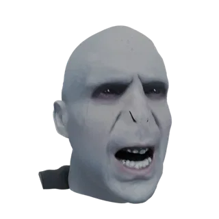 3D model render of Lord Voldemort's head, showing his pale skin, sunken eyes, and an open, screaming mouth.