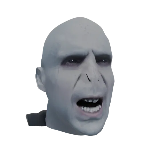 Renderizado de modelo 3D de la cabeza de Lord Voldemort, mostrando su piel pálida, ojos hundidos y boca abierta y gritando.