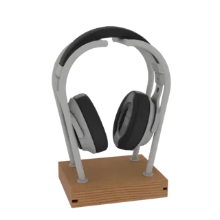Modelo 3D de um suporte moderno para fones de ouvido com estrutura cinza e base de madeira natural, exibindo um design minima