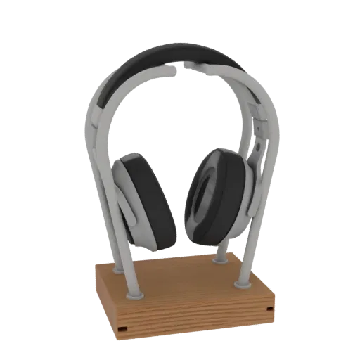 Modello 3D di un supporto moderno per cuffie con struttura grigia e base in legno naturale, che mostra un design minimalista.