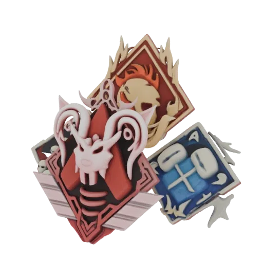 3D render of three Apex Legends badges: a ram skull, a fiery creature, and crossed hammers.