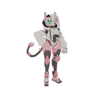 3D model of a pink robotic cat girl wearing a white hoodie, with a screen for a face and a segmented tail.