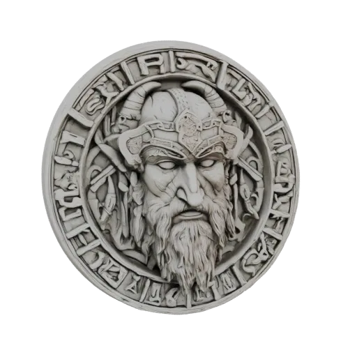 3D model of a Viking warrior's head in a circular relief plaque with horns and runes