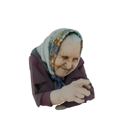 نموذج ثلاثي الأبعاد لامرأة مسنة ترتدي حجابًا، عيناها مغمضتان من الضحك، ويداها متشابكتان.