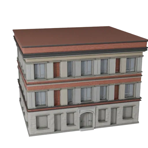 Residential Facade low poly 3D model, game-ready exterior view, showing building facade materials and architectural detail