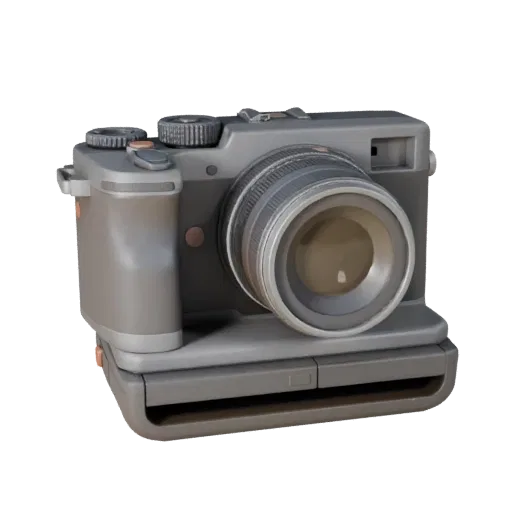 Action Instant Camera Stylized 3D model, stylized isometric render, showing textured grips, lens barrels.