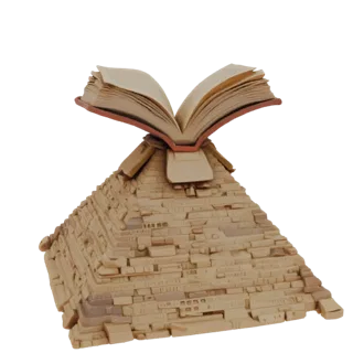 Modelo 3D de pirâmide egípcia com livro aberto no topo, em tons de areia.