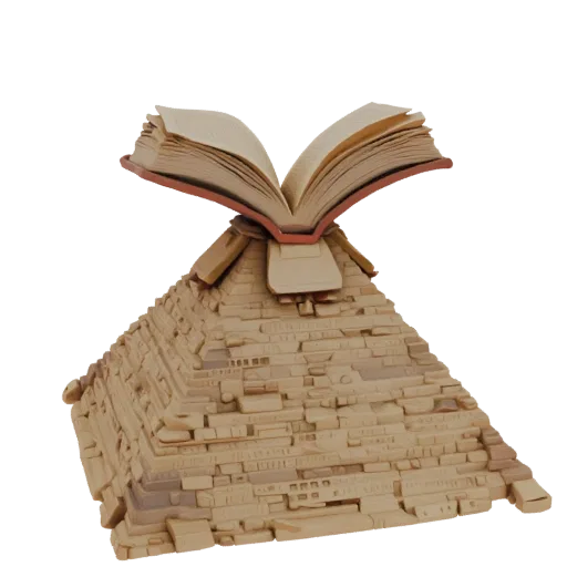 3D model of an Egyptian pyramid with an open book on top, rendered in sandy tones.
