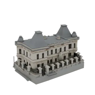Modelo 3D de una mansión europea ornamentada con techo mansarda gris y fachada blanca detallada, sobre fondo blanco.