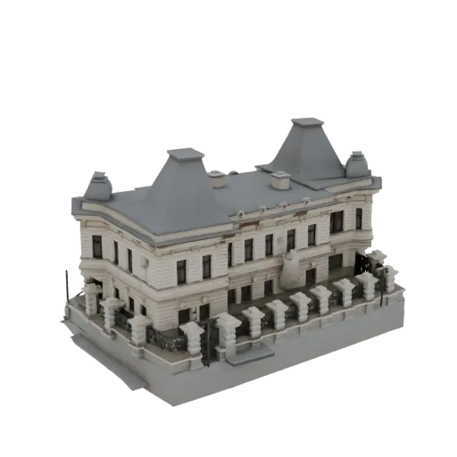 3D model of an ornate European mansion with a gray mansard roof and detailed white facade, set against a white background.