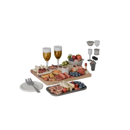 Banquet Charcuterie Board 3D model, three-quarter front view, Unity viewport, showing ceramic, arranged serving layout.