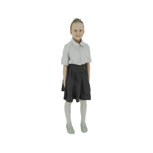 3D model of a young school girl wearing a white shirt and dark skirt, with her hair tied in a blue bow.