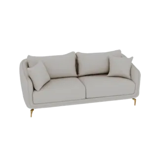 Ein 3D-Rendering eines modernen beigen Sofas mit zwei Zierkissen und goldenen Beinen, präsentiert auf schwarzem Hintergrund.