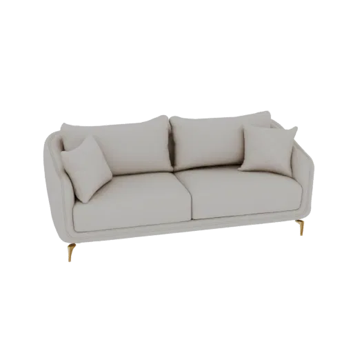 A 3D render of a modern beige sofa with two accent pillows and gold legs, presented on a black background.