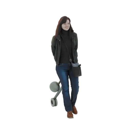 3D model of a woman with long brown hair, wearing a black jacket and blue jeans, sitting on a grey stool.