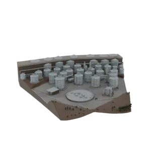 Modello 3D di una fattoria di serbatoi industriali con molti serbatoi cilindrici su una base di terreno dettagliata.