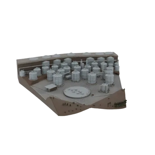 3D model of an industrial storage tank farm with many cylindrical tanks on a detailed terrain base.